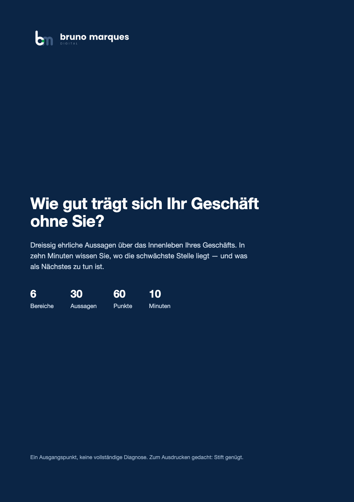 Deckblatt des Leitfadens: 6 Bereiche, 30 Aussagen, 60 Punkte, 10 Minuten.