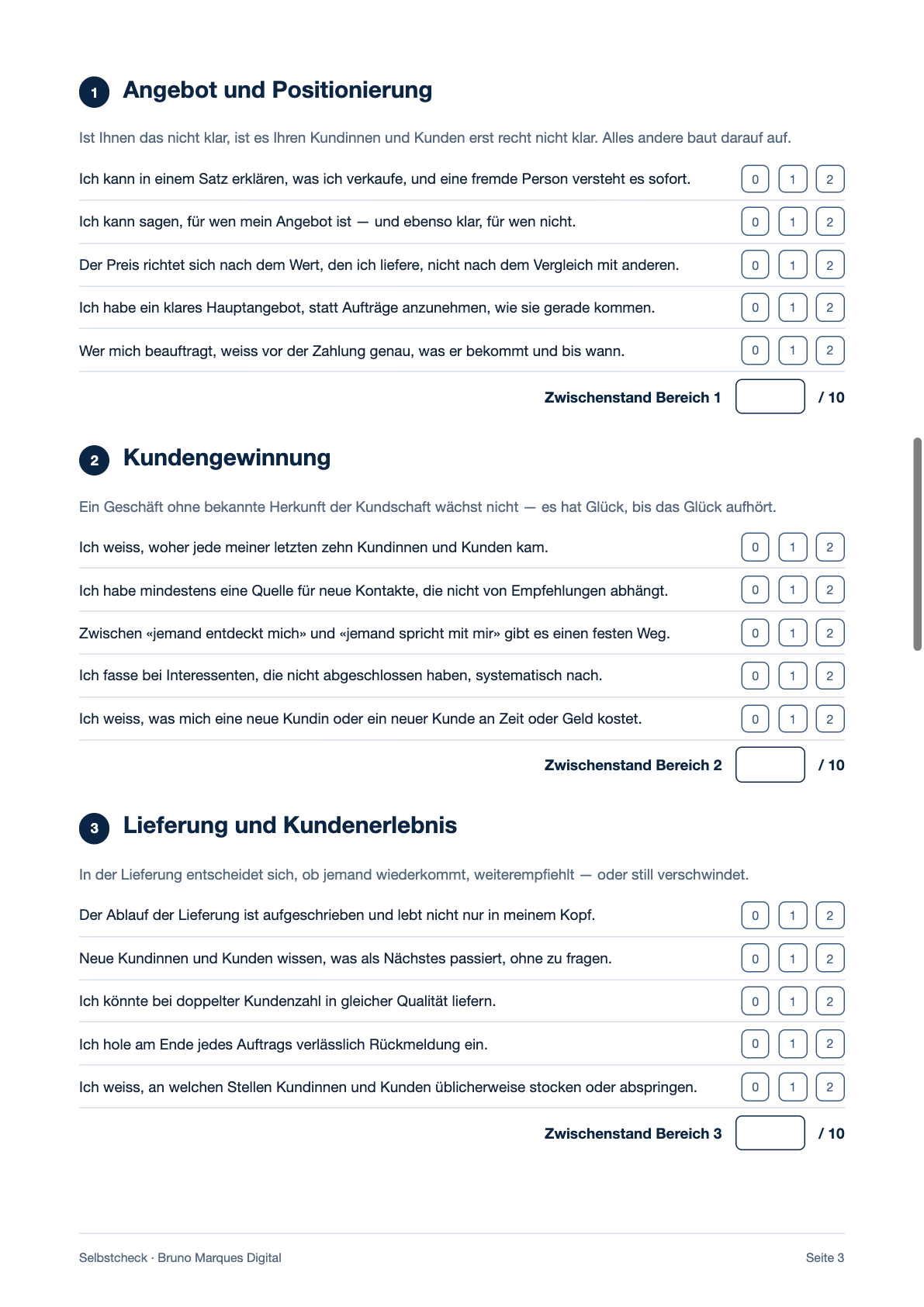 Seite 3 des Leitfadens: Aussagen zu Angebot, Kundengewinnung und Lieferung mit den Feldern 0, 1 und 2.